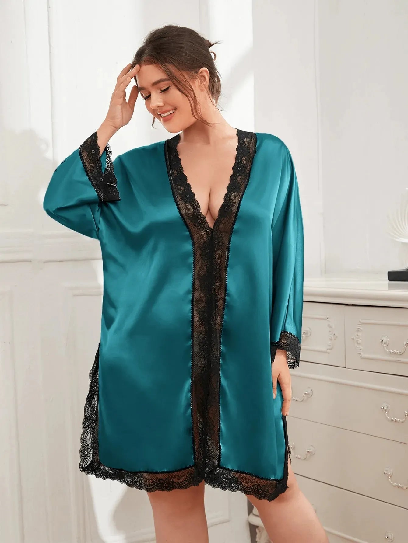Plus Size Contrast Spliced Lace Deep V Slit Night Dress Teal Sleep Dresses - Tophatter Daily Deals